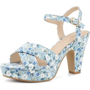 Platform Heel Slingback Blue Floral Heels Sandals